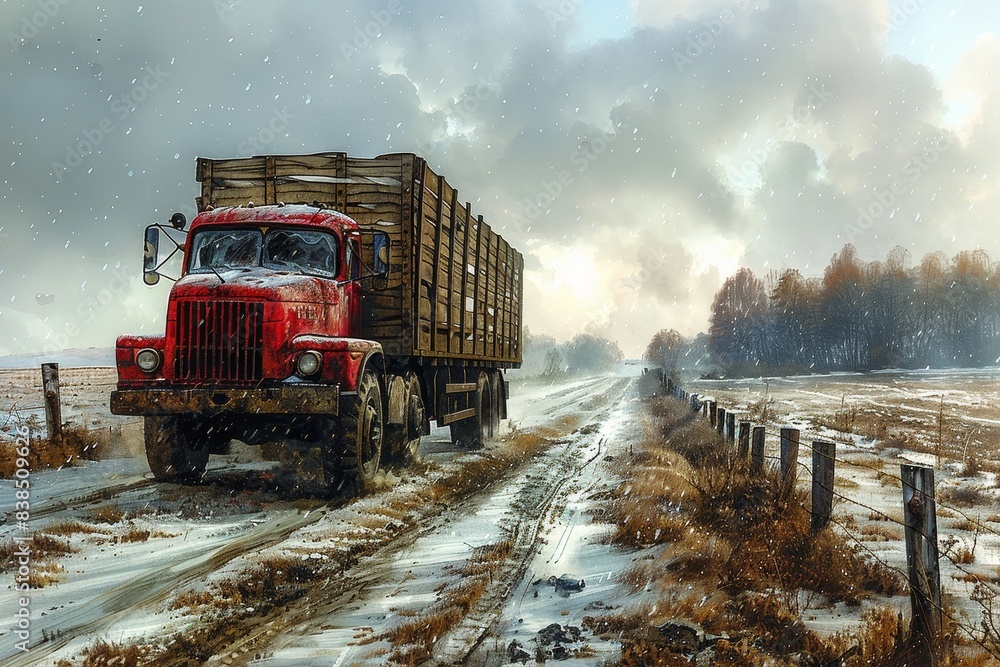 Evocative artwork of a sturdy red truck navigating through a snowy winter landscape, with a focus on resilience and rustic charm Evocative artwork of a sturdy red truck navigating through a snowy winter landscape, with a focus on resilience and rustic charm