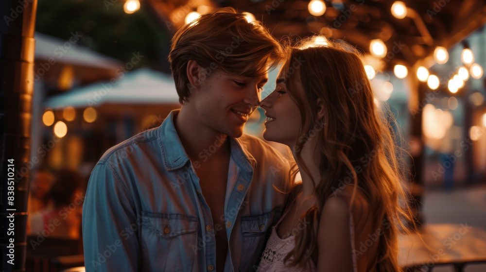Portrait of a young couple walking at sunset. Happy man and woman spending time together, on a date outdoors. Concept of walking, falling in love. Portrait of a young couple walking at sunset. Happy man and woman spending time together, on a date outdoors. Concept of walking, falling in love.