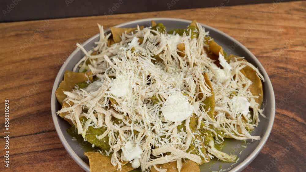 Green chilaquiles with shredded chicken, mexican breakfast Green chilaquiles with shredded chicken, mexican breakfast