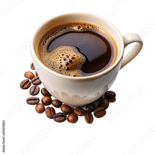 cup of coffee with beans isolated on white background