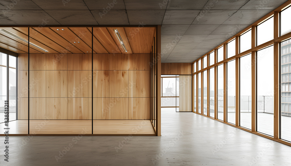 Fototapeta premium modern empty wooden office wall with right side glass windows no in center