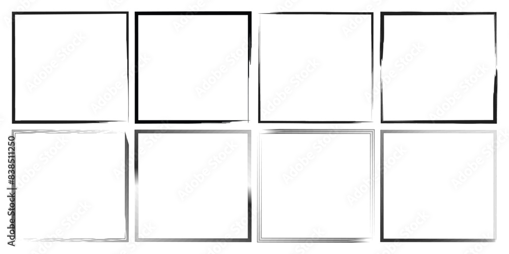 Hand drawn sketch frame set. Abstract, Modern design element, rectangular shape with brush. Scribble pencil square text box. Doodle highlighting design elements. Vector Illustration.