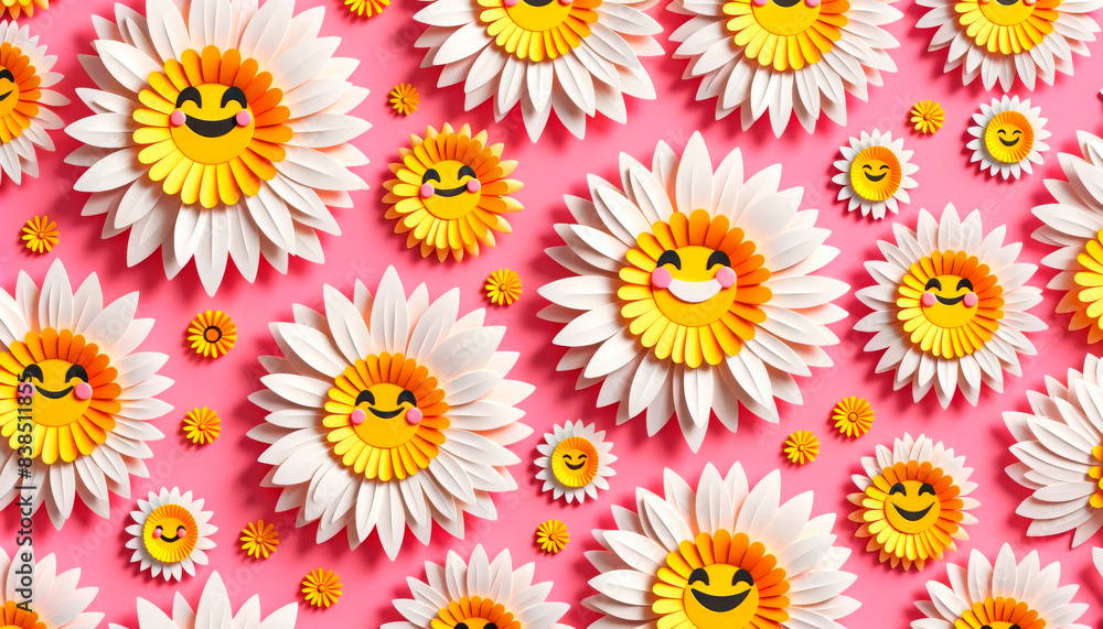 Smiling daisies on a pink background. Perfect for spring themes, children's products, and cheerful decor. Suitable for greeting cards, textiles, and happy campaigns.
Smiling daisies on a pink background. Perfect for spring themes, children's products, and cheerful decor. Suitable for greeting cards, textiles, and happy campaigns.