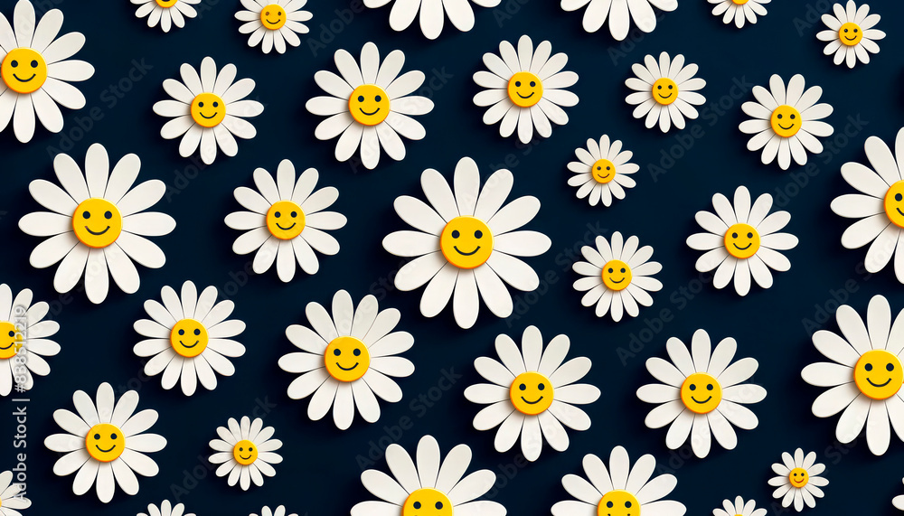 smiling Daisies on a black background. Ideal for spring themes, children's products, and cheerful decor. Suitable for greeting cards, textiles, and happy campaigns.
smiling Daisies on a black background. Ideal for spring themes, children's products, and cheerful decor. Suitable for greeting cards, textiles, and happy campaigns.