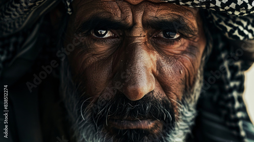 Portrait of an adult Arab man in national clothes. Close-up of the face of an elderly Muslim man. Concept of religion, faith. © Alina Tymofieieva