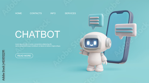3D vector illustration of an online support chatbot featuring a phone, messages and speech bubbles
