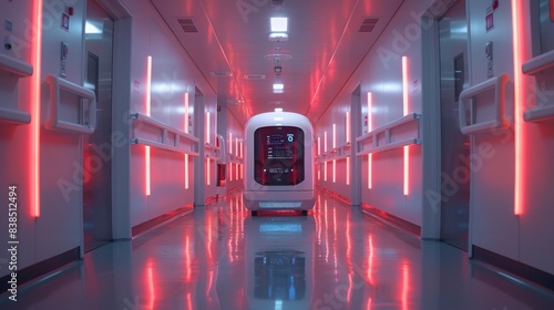 A disinfection robot with UV-C light technology navigates a sterile hospital corridor. photo
