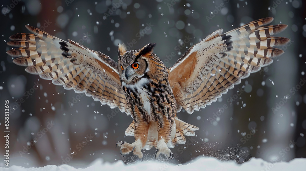 The Eurasian Owl flies with its eyes looking intently forward and flapping its wide wings on nature background The Eurasian Owl flies with its eyes looking intently forward and flapping its wide wings on nature background