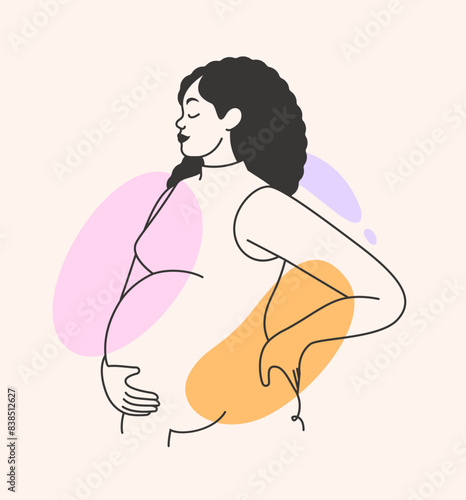 Pregnant black woman expecting a baby. Pregnancy, maternity, fertility concept. Prenatal care and health. Profile of a beautiful young mother touching belly. Isolated hand drawn vector illustration