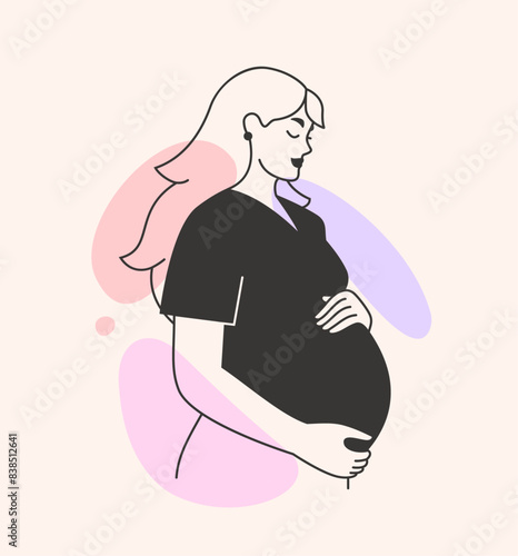 Pregnant woman expecting a baby. Pregnancy, maternity, motherhood concept. Prenatal care and health. Profile of a healthy beautiful mother touching belly. Isolated hand drawn flat vector illustration