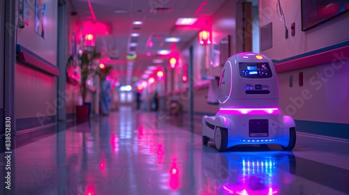 A white disinfection robot equipped with UV-C light travels down a brightly lit hospital hallway.