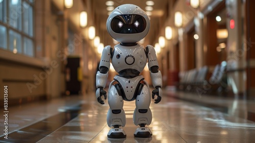 A white humanoid robot with glowing eyes stands in a hospital hallway, potentially assisting with patient physical activity tracking.
