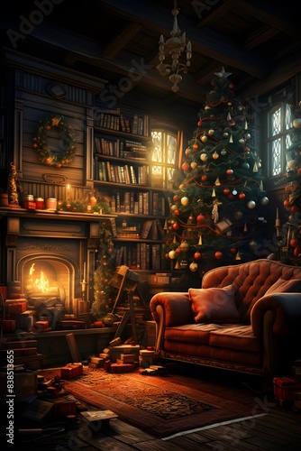 Christmas tree in a cozy dark living room with a fireplace and a sofa.
