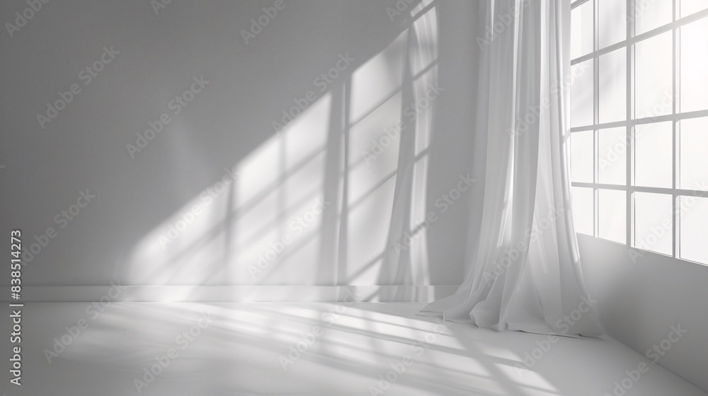 Obraz premium Minimalistic abstract gentle light grey background for product presentation with light and shadow of window curtains on wall.