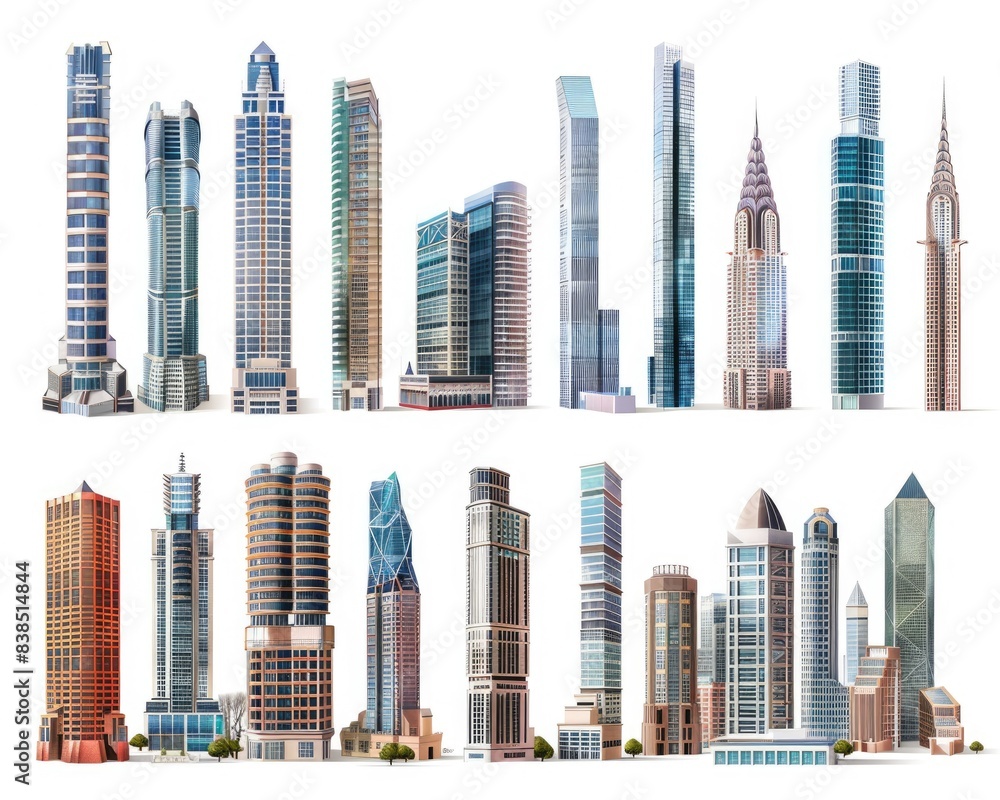 Obraz premium Cityscape Isolated. Skyscrapers, Towers, and Buildings Set for Modern Eco City Design