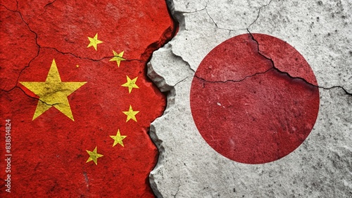 China vs Japan Flags Clash with Crack and Conflict