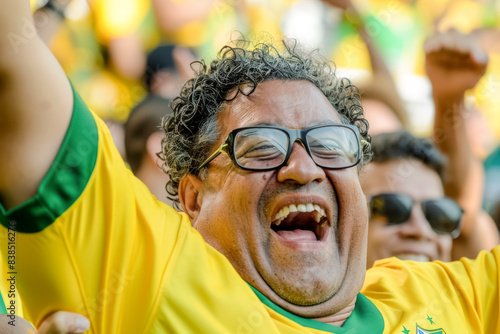 Brazilian football soccer fans in a stadium supporting the national team, Seleção
 photo