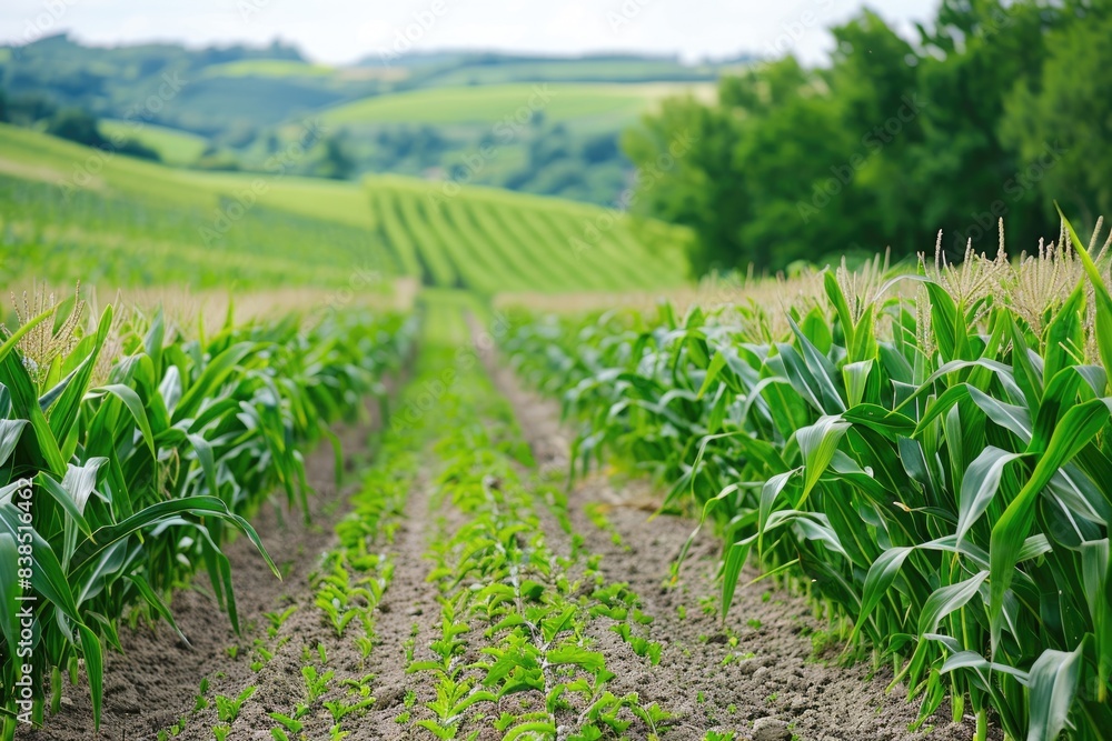 Naklejka premium Cornfield Corn Field. Fresh Organic Corn Harvest in Summer Season