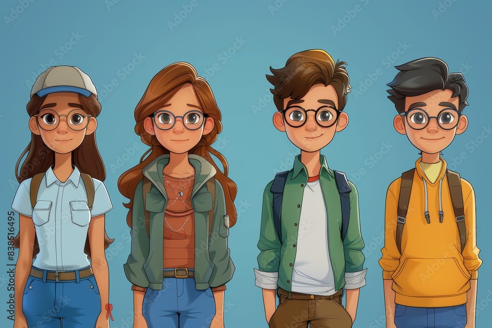 Digital art of four smiling friends standing side by side against a blue background Digital art of four smiling friends standing side by side against a blue background