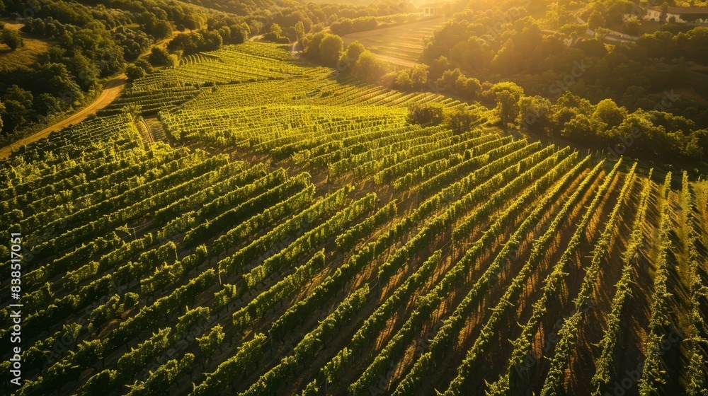 Fototapeta premium an aerial view of a vineyard field at sunset 