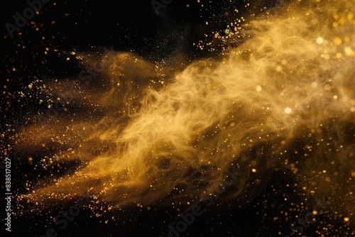 Dust Gold. Abstract Explosion of Golden Sand Cloud on Black Background photo