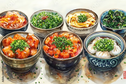 A selection of Asian cuisine in colorful bowls with vibrant sauces and garnishes, including dumplings and spicy salads