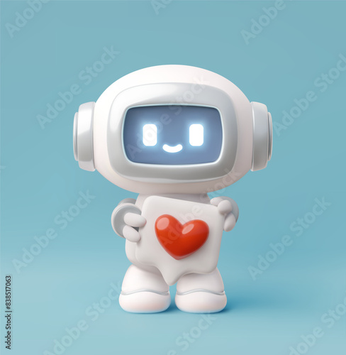 Chatbot robot with hearth in speech bubble 3D vector, cute appreciation Artificial intelligence machine support service