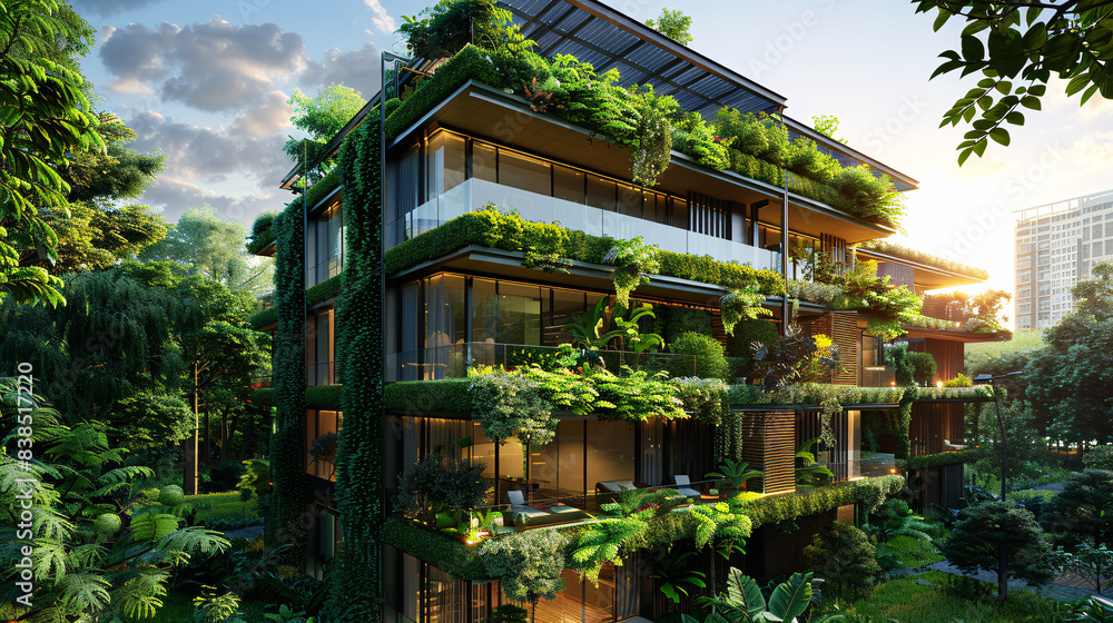 Green architecture, a modern office building covered in plants and trees Green architecture, a modern office building covered in plants and trees