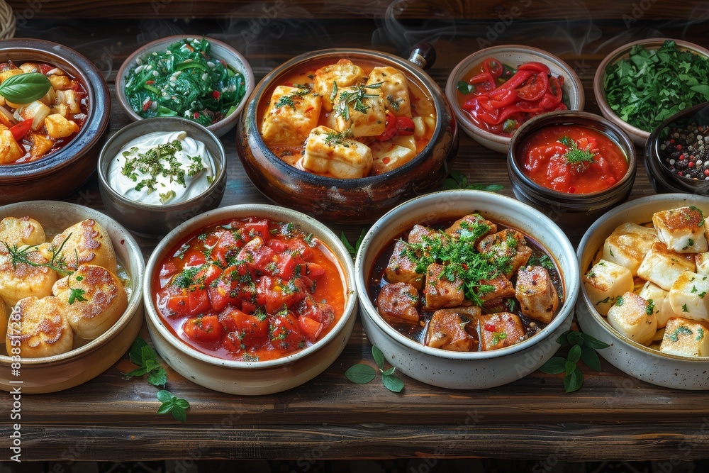 An array of traditional dishes served in ceramic pots, garnished and ready to eat An array of traditional dishes served in ceramic pots, garnished and ready to eat