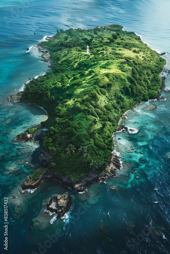 an island in the middle of the ocean with a lighthouse in the distance
 photo