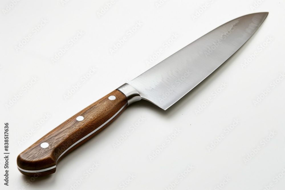 Gleaming Chef's Knife with Wooden Handle on Pristine White Background, High-Quality Product Photography, Elegant and Refined Culinary Tool Gleaming Chef's Knife with Wooden Handle on Pristine White Background, High-Quality Product Photography, Elegant and Refined Culinary Tool