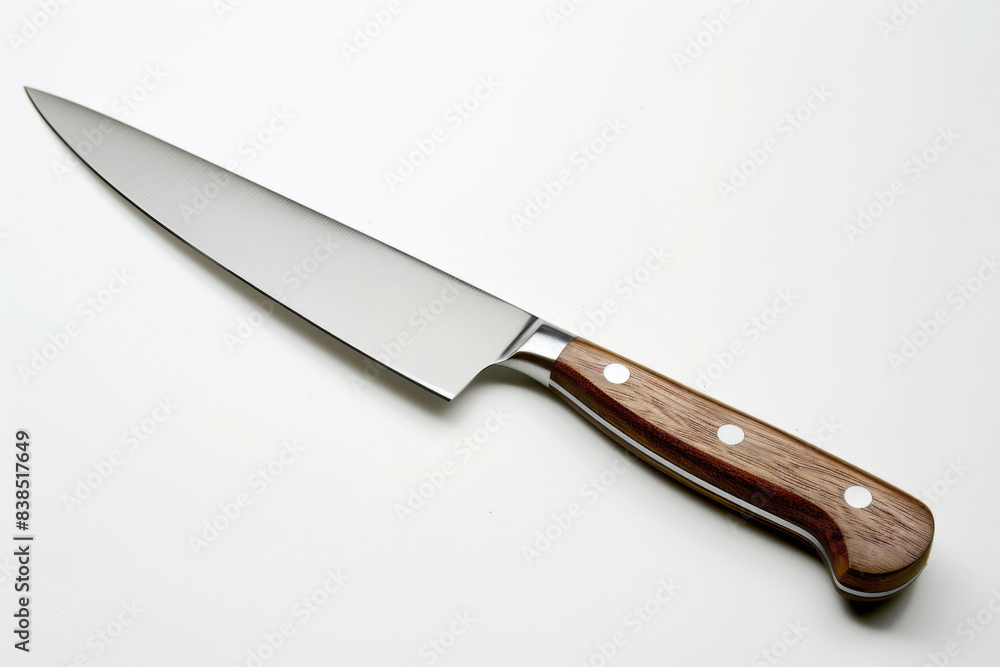 Polished Kitchen Knife with Wooden Handle on Bright White Surface, Premium Quality Product Photography, Sleek and Sophisticated Culinary Equipment Polished Kitchen Knife with Wooden Handle on Bright White Surface, Premium Quality Product Photography, Sleek and Sophisticated Culinary Equipment