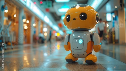 Wallpaper Mural A yellow and white robot stands on a tiled floor in a retail setting. Torontodigital.ca