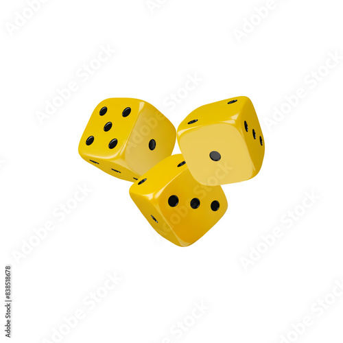 Three game dice falling realistic 3d vector icon, yellow cubes with black dots, gambling games casino, craps board game