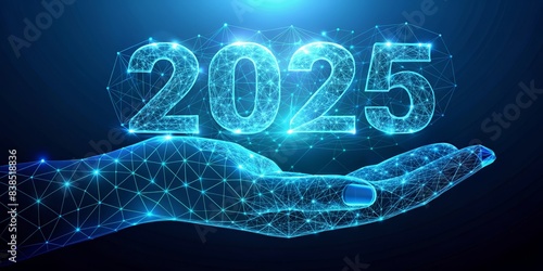 Hand holding year 2025 in digital style - An abstract image of a polygonal hand showcasing the year 2025, emphasizing future and innovation themes