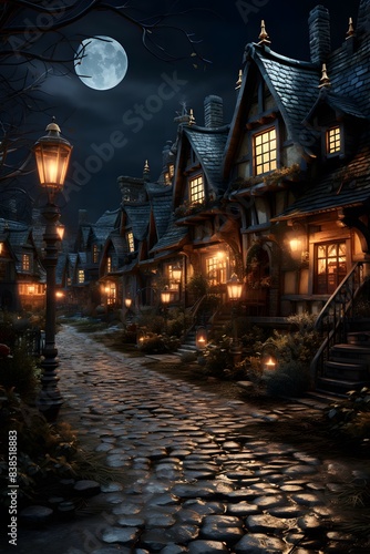 Halloween night in old town with moonlight and cobbled street © Iman
