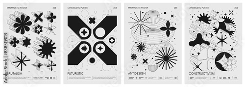 Brutalist style vector minimalistic Posters with silhouette basic figures, Retro futuristic graphic elements of geometrical shapes rave composition, Modern monochrome print artwork, set 64