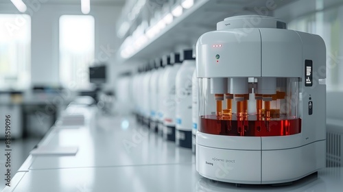 A Costaposta robot, a device designed to automate the process of drawing blood, is shown in a laboratory setting. The robot is in operation, and a red liquid can be seen inside the machine. photo