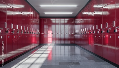 Modern School Hallway With Bright Red Lockers and Glass Doors