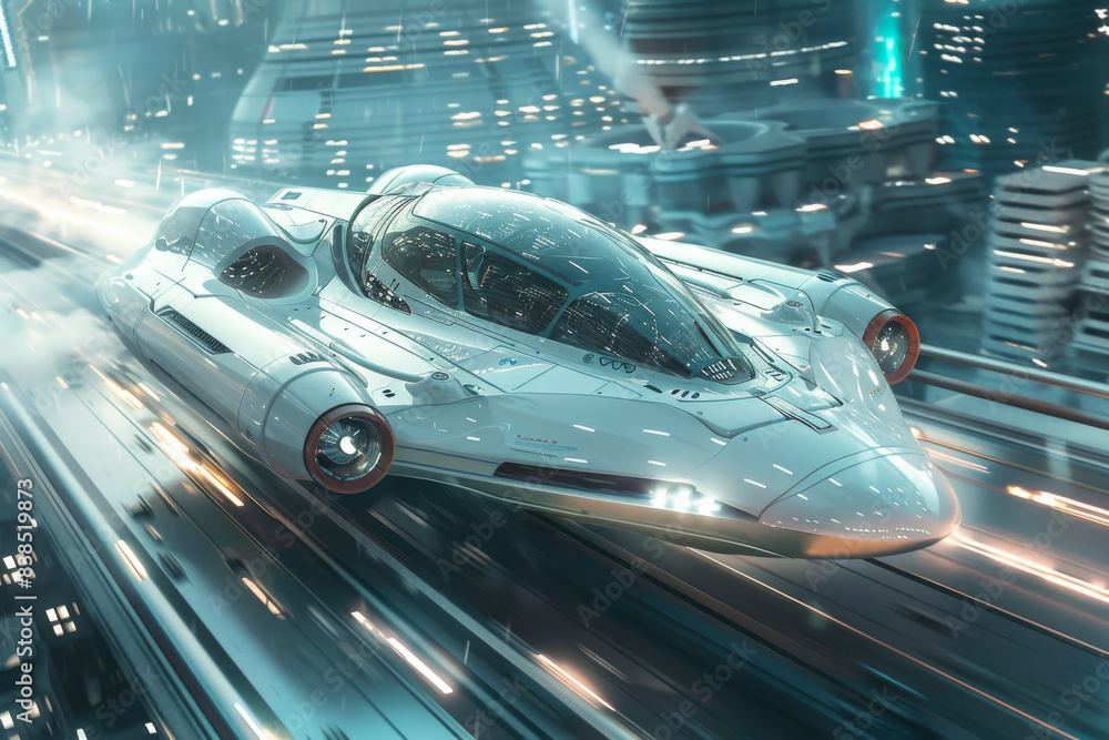 Fototapeta premium Futuristic Flying Car in a High-Speed Urban Transit System