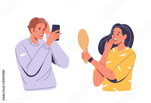 Two Young People Reacting With Shock As They Discover Gray Hairs. One Uses A Smartphone For Self-inspection