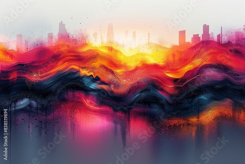 An artistic representation of a city skyline melded with vivid, wave-like patterns in a flowing abstract style
