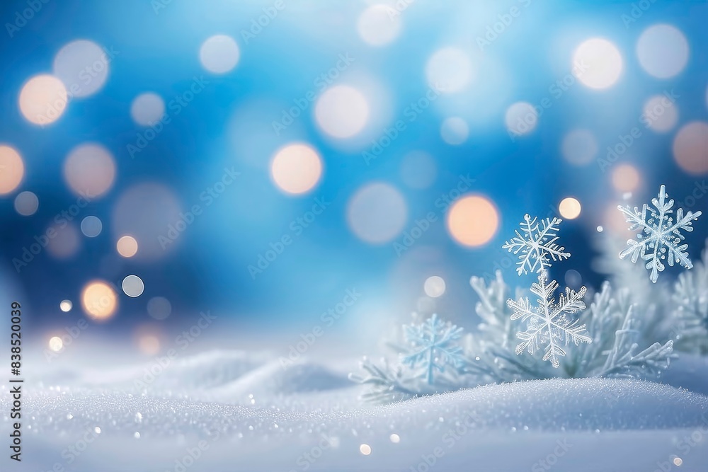 Naklejka premium Icy blue white blurred bokeh, crystal snowy snowflakes, winter Christmas background.