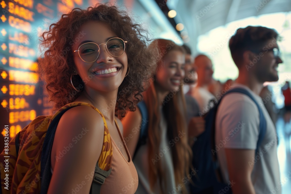 A group of diverse, happy travelers at the airport terminal, excitedly awaiting their flight A group of diverse, happy travelers at the airport terminal, excitedly awaiting their flight