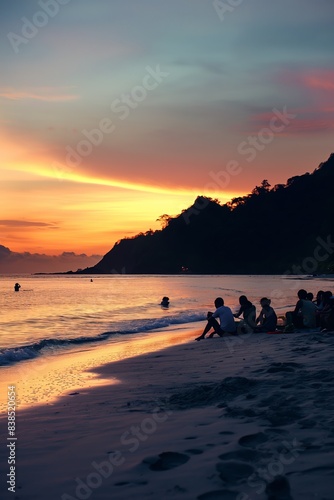 A serene beach landscape at sunset with silhouettes of people enjoying the tranquil ocean view