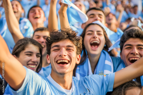 Uruguayan football soccer fans in a stadium supporting the national team, La Celeste photo