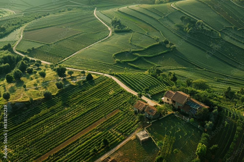 an aerial view of a vineyard field

