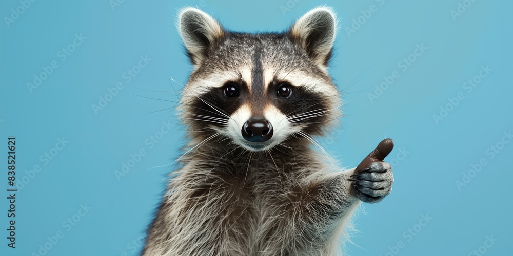 a raccoon is holding thumb up gesture looking at the camera with a blue background a raccoon is holding thumb up gesture looking at the camera with a blue background