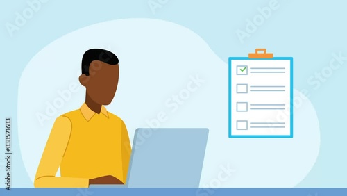 Animation of a man working on a laptop with a questionnaire appearing next to it. The questionnaire is completed and a thumbs up and five stars appear. Flat design video clip.