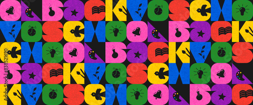 Back to School abstract inscription seamless pattern. Geometric letters collage background. Education colorful graphic backdrop. Modern art wallpaper
